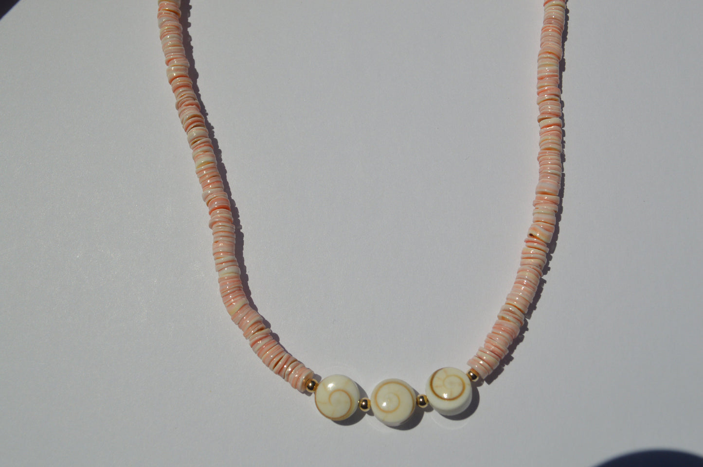 Beautiful Pink Rose Shell Heishi Shell 16" Necklace with 3 Shiva Eye Shells. 18K Gold Filled Clasp and Beads. Ships Next Day!