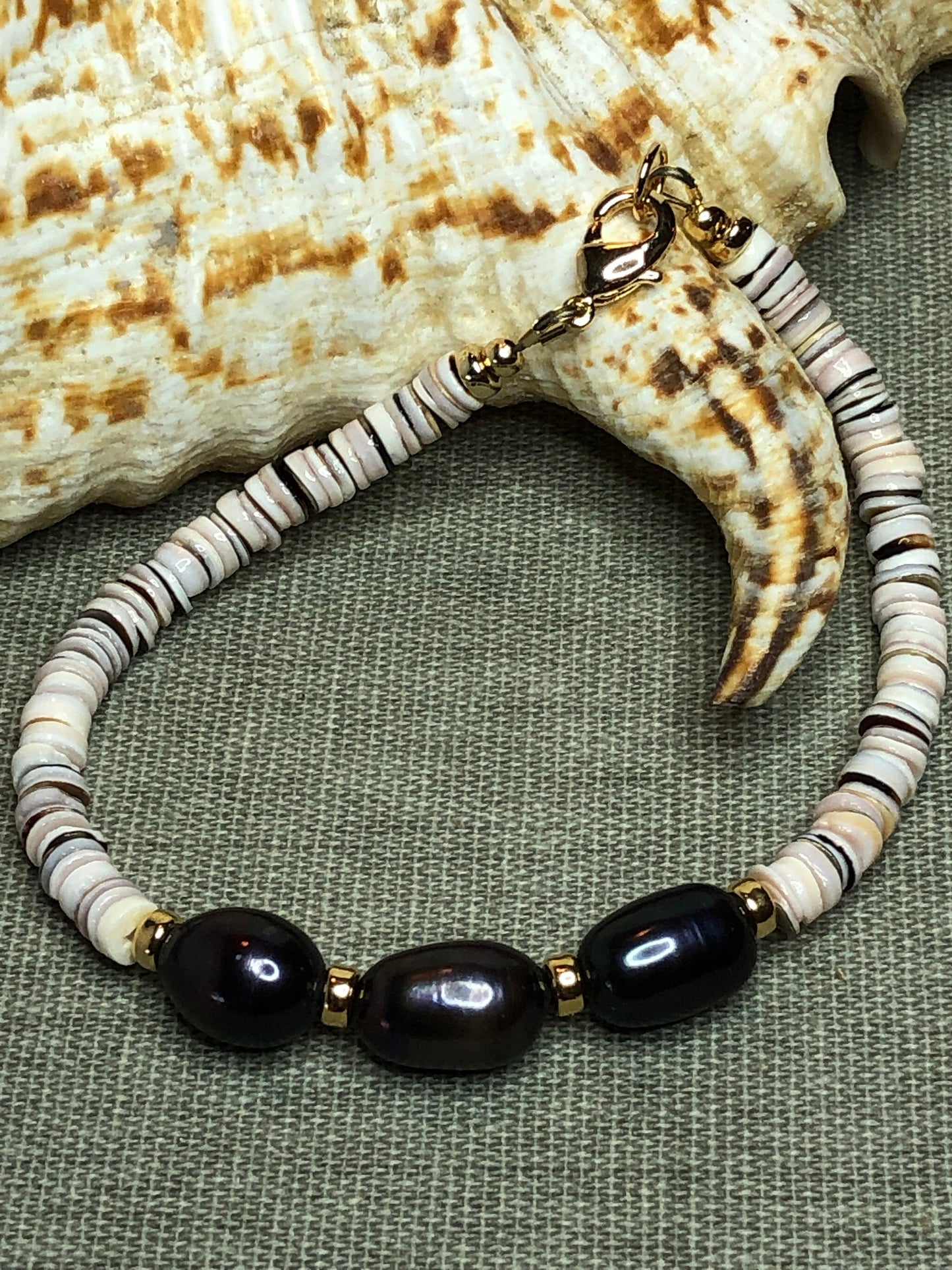 Tiger Cowrie Heishi Shell Bracelet With 3 Black Freshwater Pearls, 18K Gold Filled Lobster Clasp and Beads