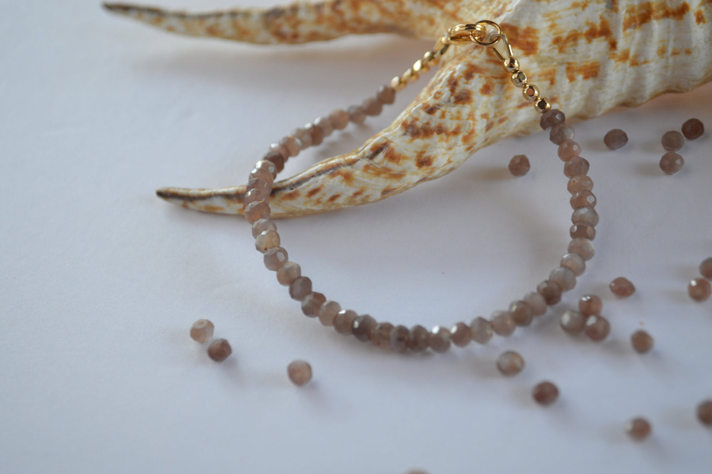 Beautiful Chocolate Moonstone Beaded Bracelet with 18K Gold Filled Clasp and Beads