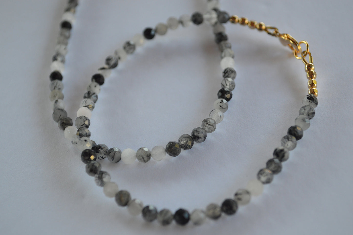 Black Tourmalinated Quartz Beaded Bracelet. 7.5" Length, Gold Filled Lobster Clasp and Faceted Beads
