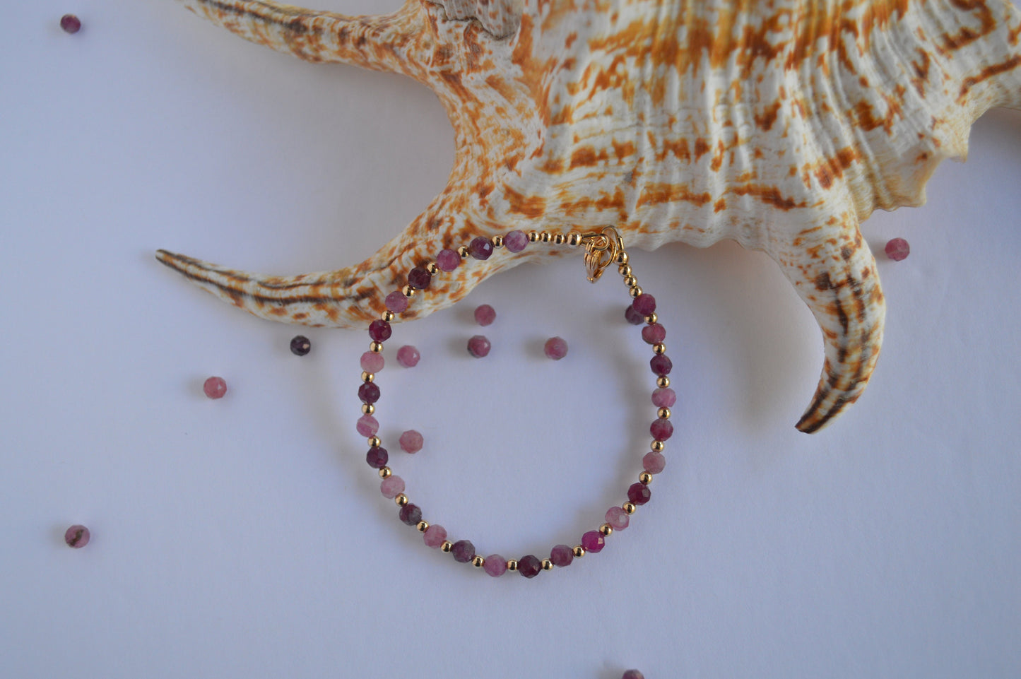 Berry Pink Tourmaline and 18K Gold Filled Bead Bracelet. 7 1/2". 4mm Gemstones. Dainty & Ultra Feminine