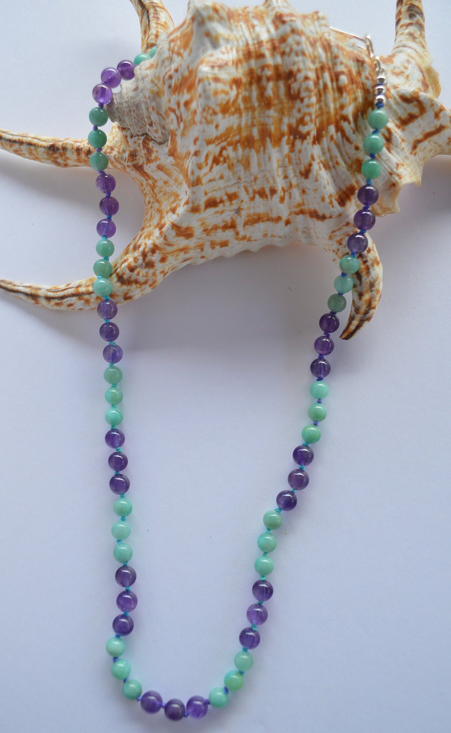 Hand Knotted Natural Amazonite and Amethyst Beads on Teal and Turquoise Silk Thread. Hand Forged Sterling Hook and Eye Clasp and Beads. 21"