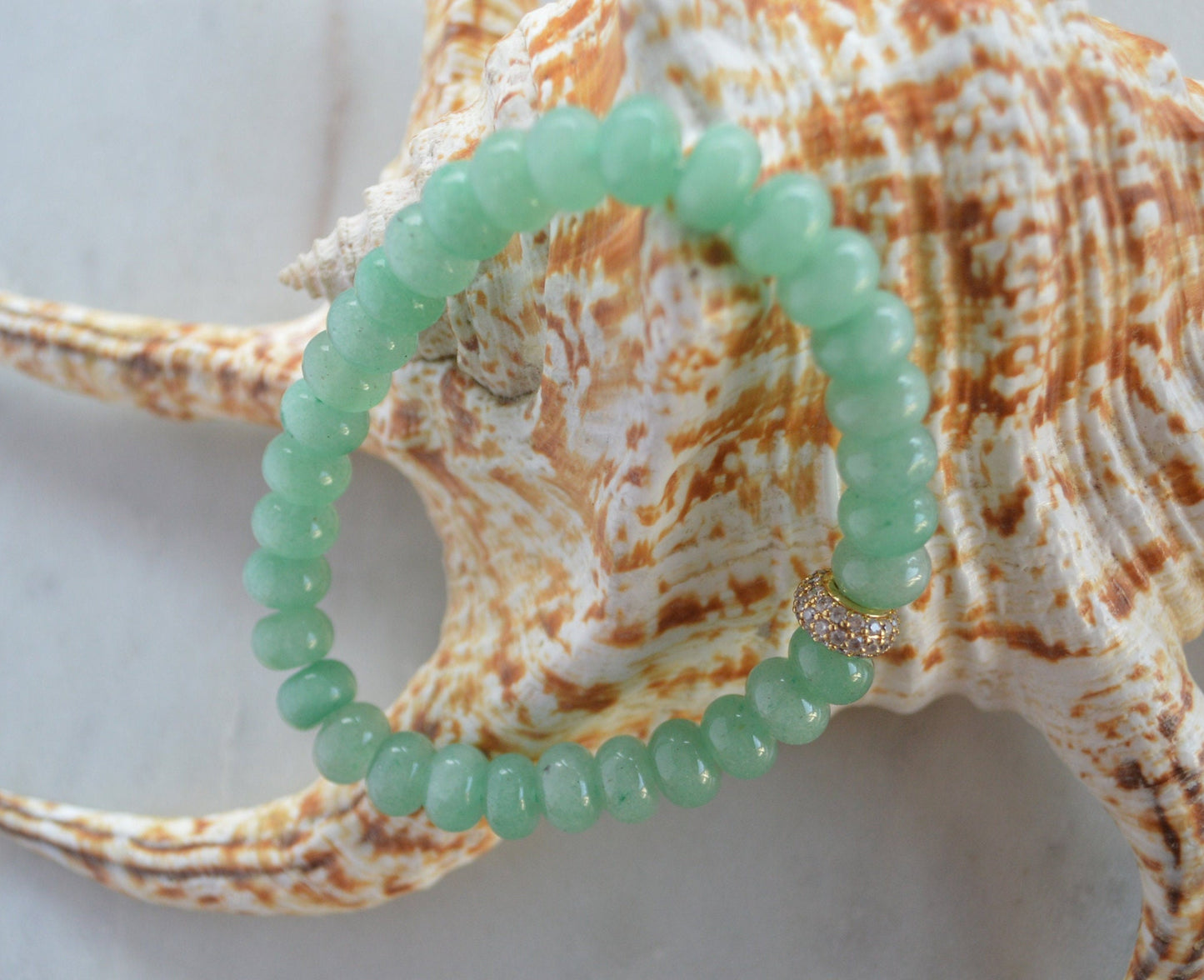 Beautiful Green Aventurine 8mm Rondelle Gemstone Beaded Bracelet. Hand Beaded On Stretch Cord. 22K Gold CZ Pave' Bead. One Size Fits All
