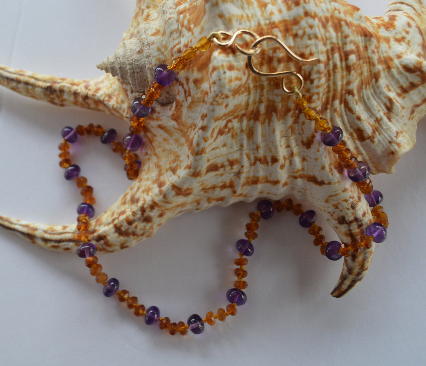 Sparkling Amethyst and Citrine Necklace Hand knotted on Gold Silk, 18K Gold Filled Hand Forged Hook and Eye Clasp
