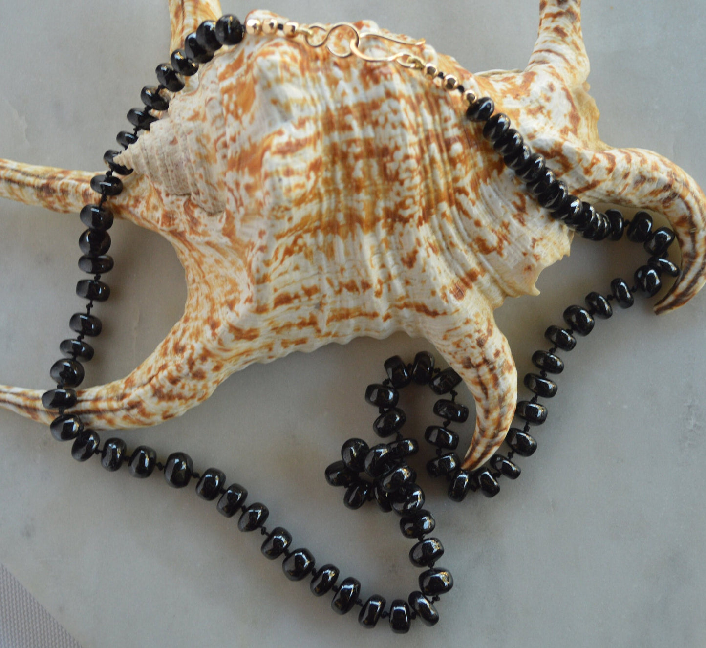 Black Spinel 8mm Smooth Rondelle Necklace Hand Knotted on Black Silk. 18k Gold Filled Hook and Eye Clasp and Beads. Valentine's Day Sale