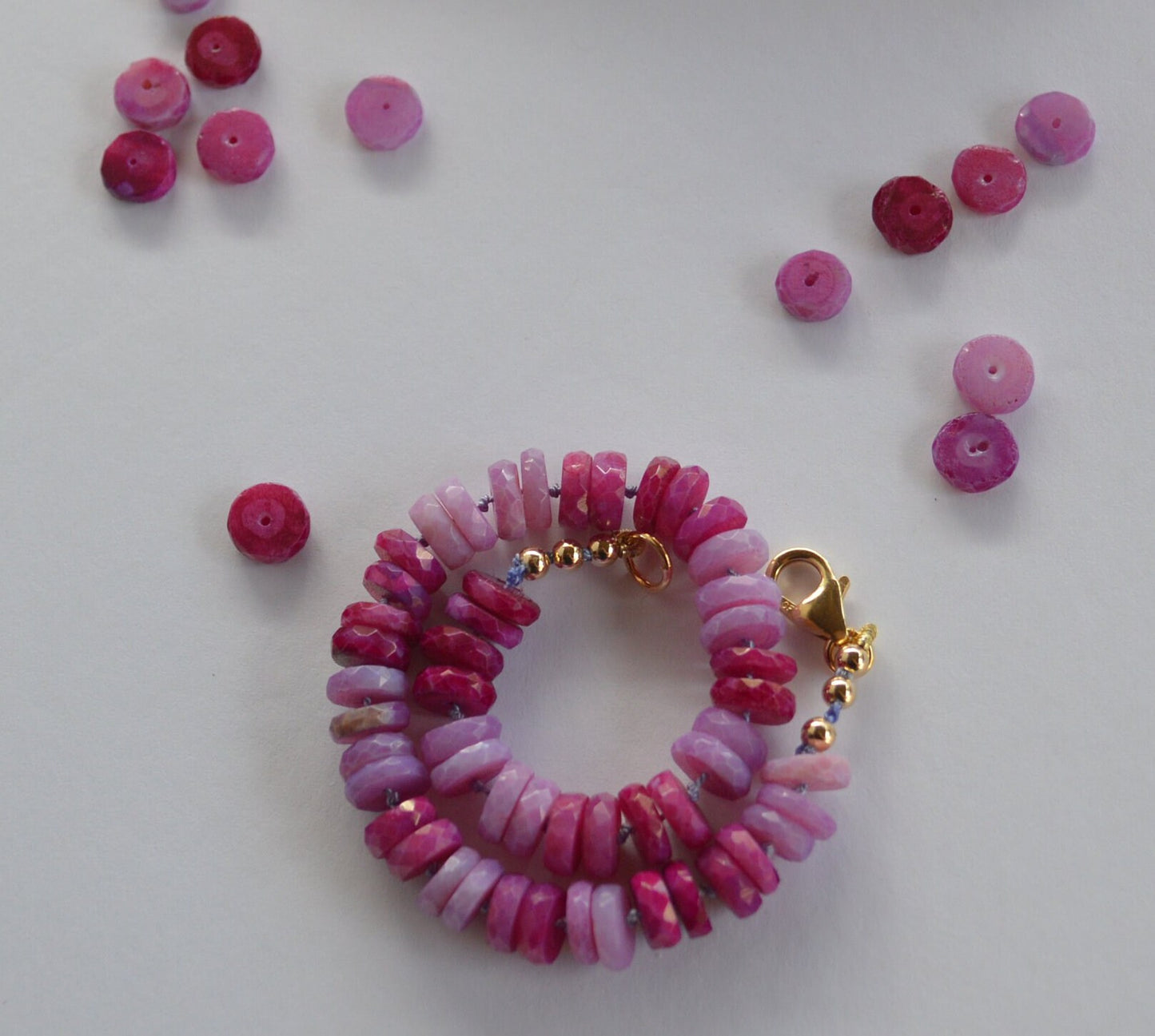 Ruby Shaded Peruvian Opal Heishi Disc Gemstone Bracelet. Hand Knotted on Lilac Silk. 18K Gold Filled Clasp and Beads. Choose your length