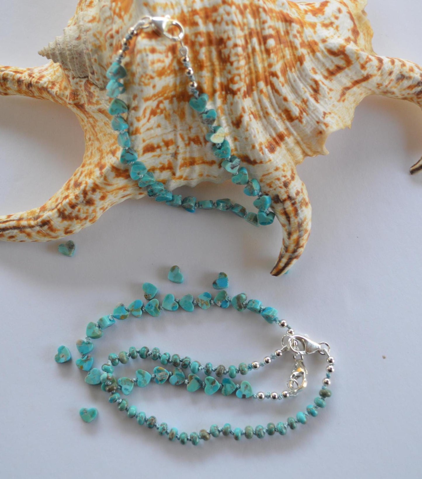 Kingman Turquoise Heart Shaped Beaded Bracelet Hand Knotted on Turquoise Silk. Sterling Lobster Clasp and Beads. 7 1/2" Long