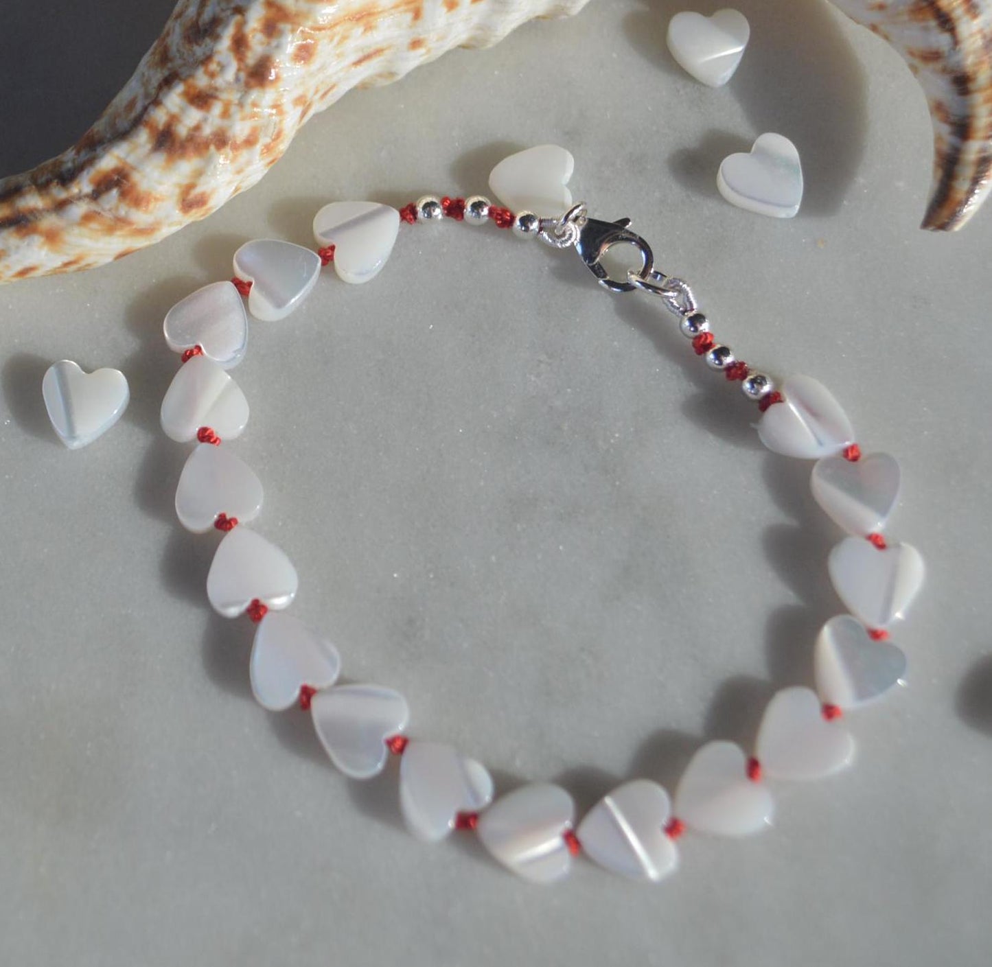 Hearts Afire! Mother Of Pearl Hearts Bracelet Hand Knotted on Red Silk. 7.5" But Can Be Made Any Length