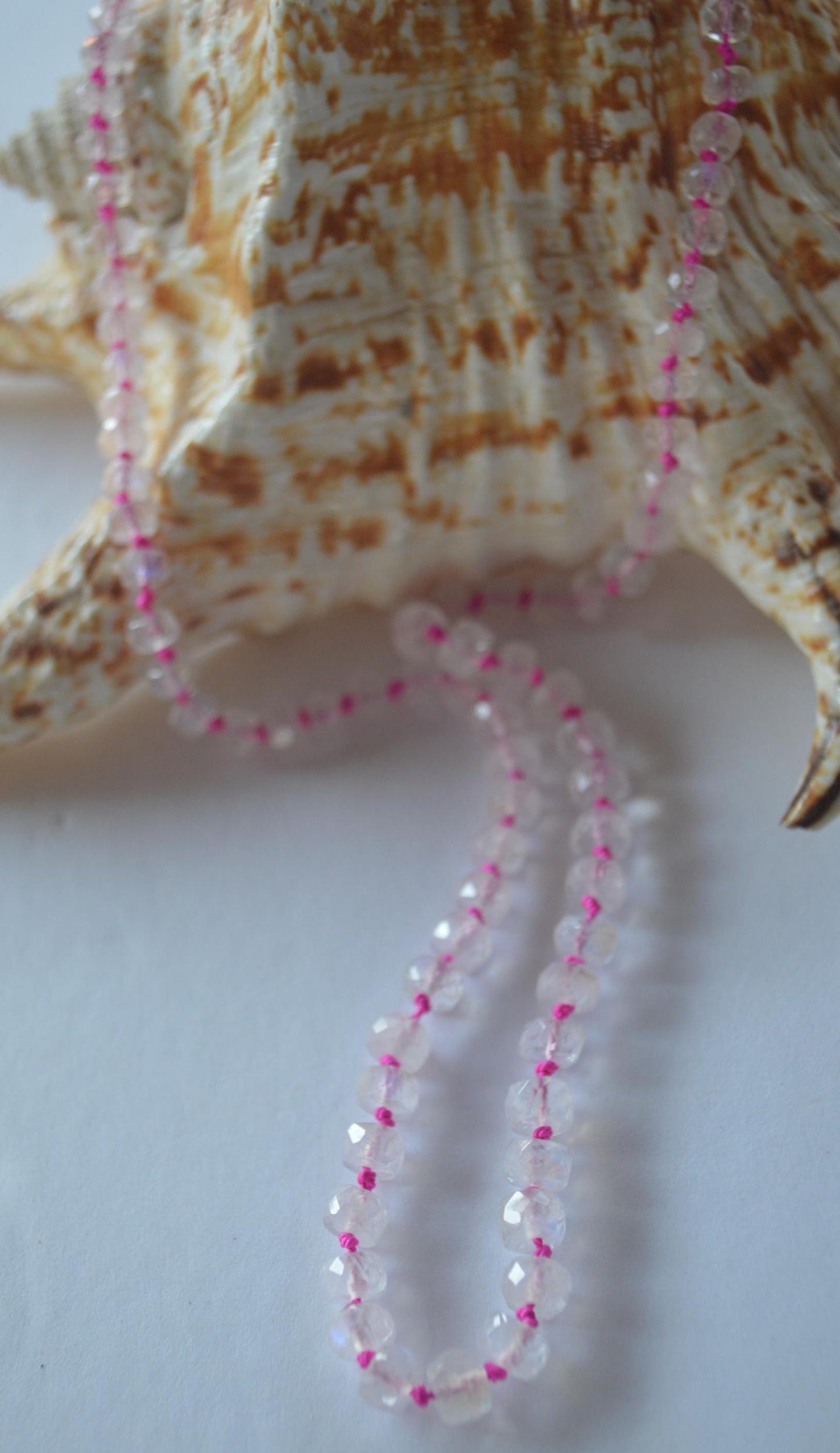 AAA Rainbow Moonstone Knotted Necklace on Fuchsia Silk. Gold Filled Lobster Clasp and Beads. 18" Long