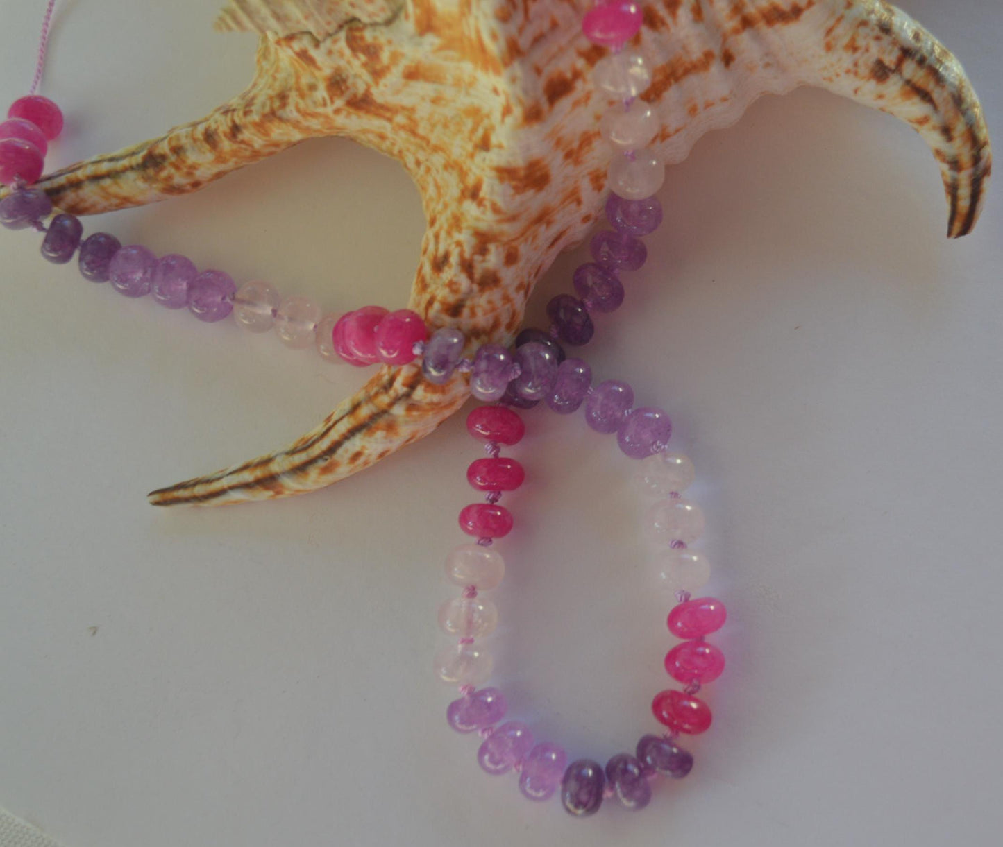 Colorful Purple, Lavender, Hot Pink and Rose Quartz Hand Knotted Necklace on Custom Amethyst Silk. Sterling Silver Clasp. Choose 18" to 22"