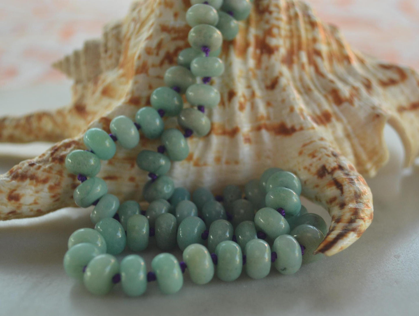 Beautiful 20" Green Amazonite Smooth Rondelle Gemstones Hand Knotted on Dark Purple Silk and Finished with a Sterling Lobster Clasp