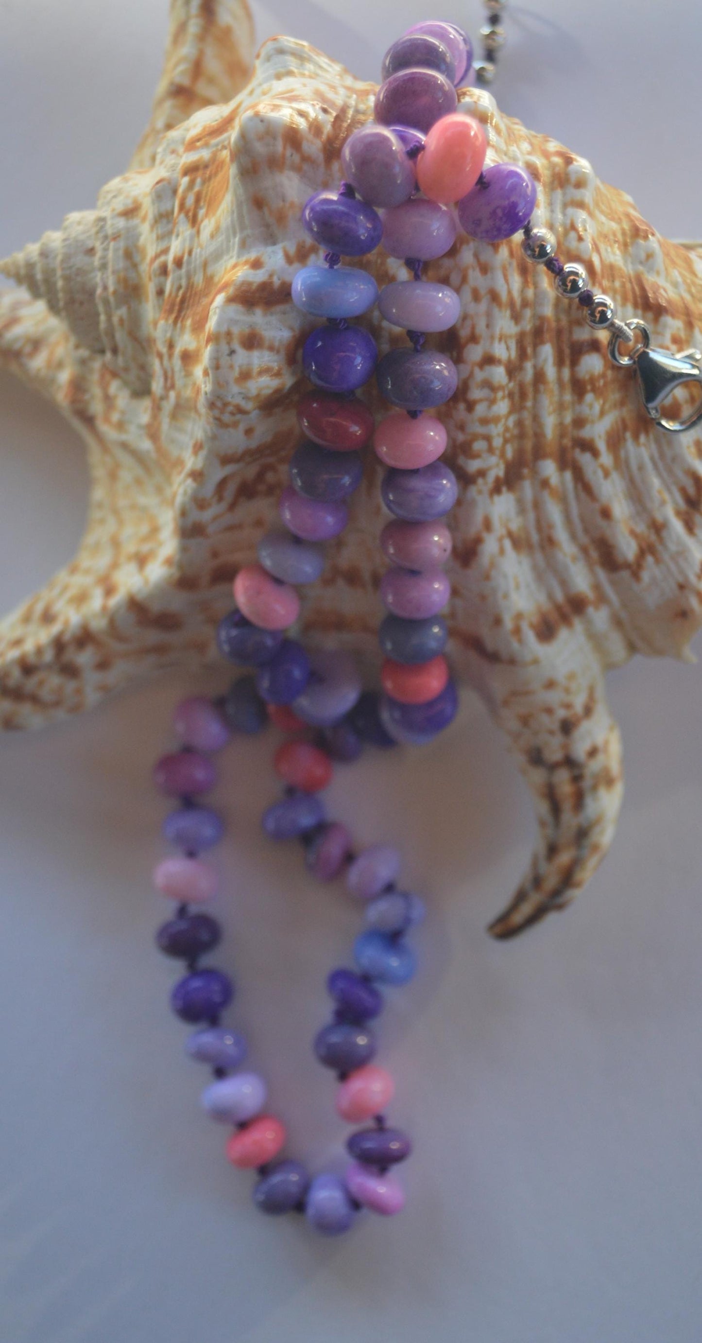 20" Purple, Lavender, Pink and Orange Opal Rondelle Gems Hand Knotted On Dark Purple Silk