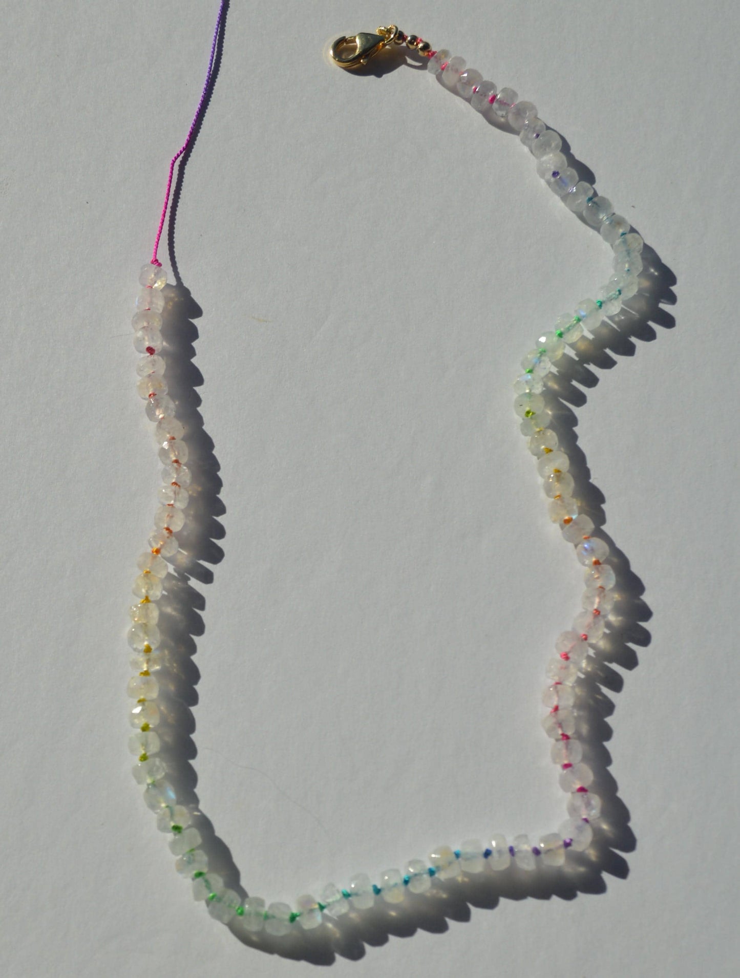 Rainbow Moonstone Necklace Hand Knotted on Multicolored Silk, Finished with GF Hand Forged Hook & Eye Clasp. 18"Long