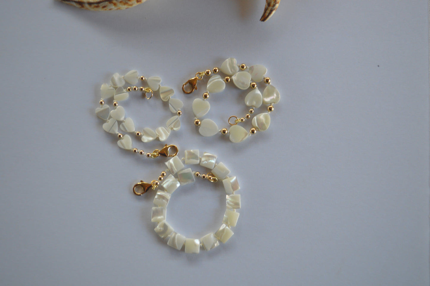 Heart or Square Shaped Mother of Pearl Bracelet with 18K Gold Filled Clasp and Beads.  Beautiful Summer Look!  These Stack Well With Our Other Pieces