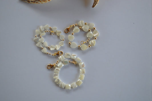 Heart or Square Shaped Mother of Pearl Bracelet with 18K Gold Filled Clasp and Beads.  Beautiful Summer Look!  These Stack Well With Our Other Pieces