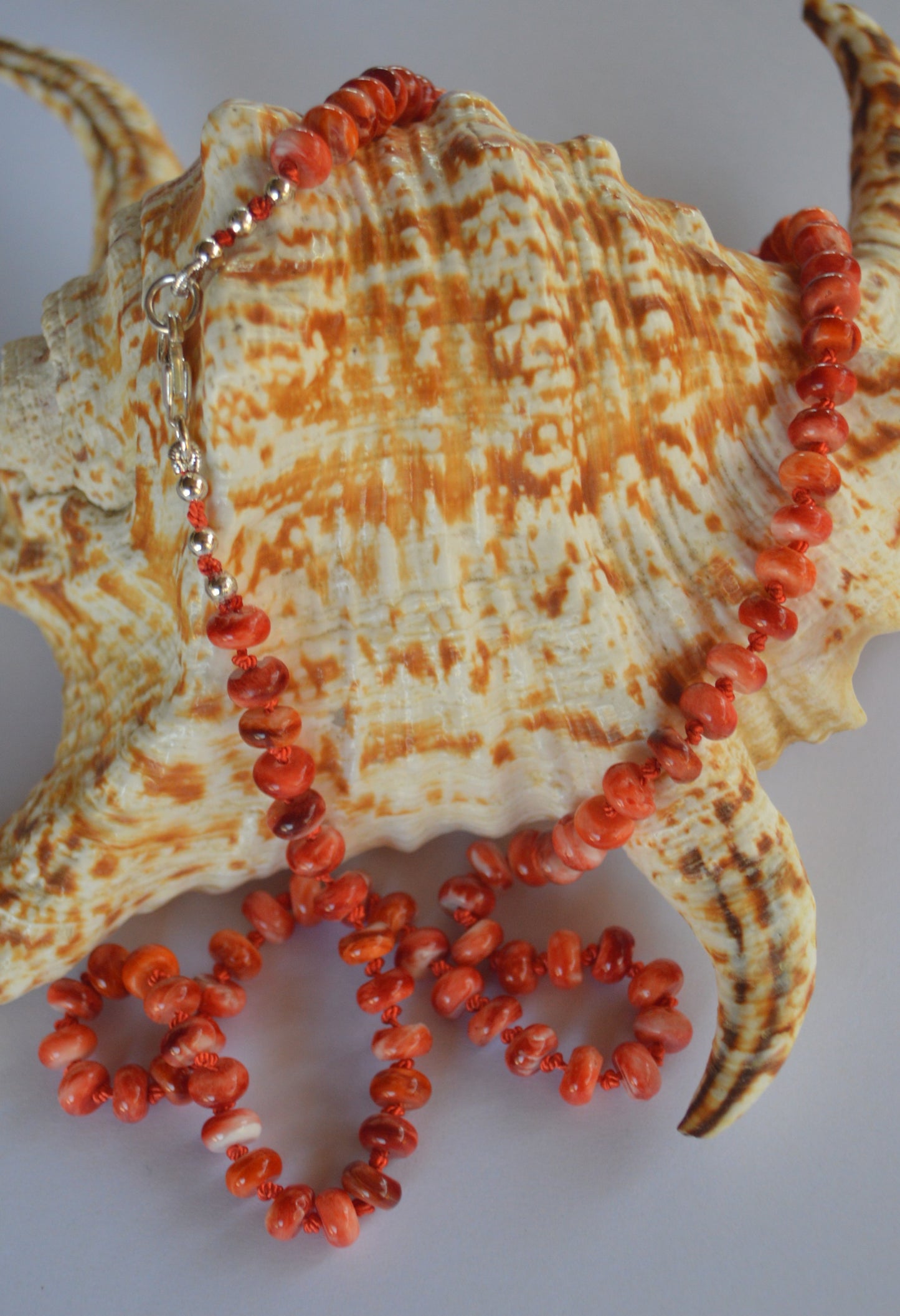 Spiny Oyster Knotted Necklace 19.5" Long