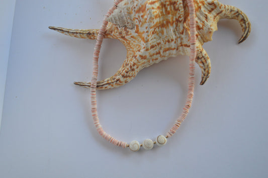 Beautiful Pink Rose Shell Heishi Shell 16" Necklace with 3 Shiva Eye Shells. 18K Gold Filled Clasp and Beads. Ships Next Day!