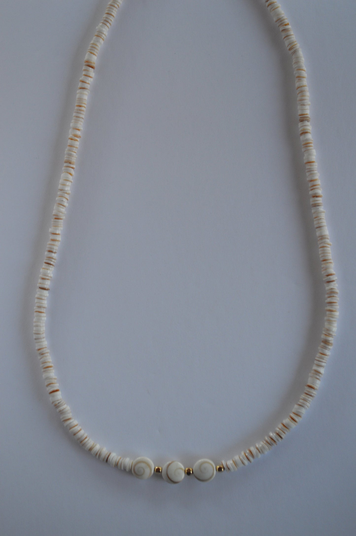 Beachy and Pretty! Conus Heishi Shell Necklace with 3 Shiva Eye Shells.  18K Gold Filled Lobster Clasp and Beads.