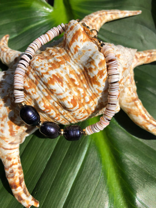 Tiger Cowrie Heishi Shell Bracelet With 3 Black Freshwater Pearls, 18K Gold Filled Lobster Clasp and Beads