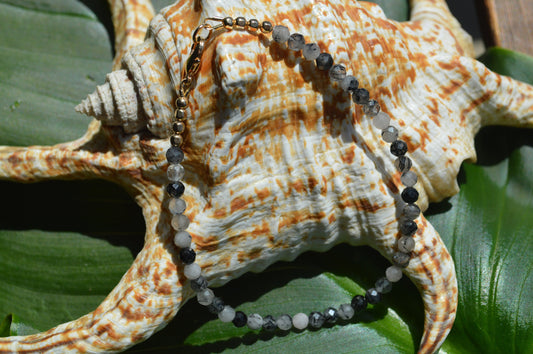 Black Tourmalinated Quartz Beaded Bracelet. 7.5" Length, Gold Filled Lobster Clasp and Faceted Beads