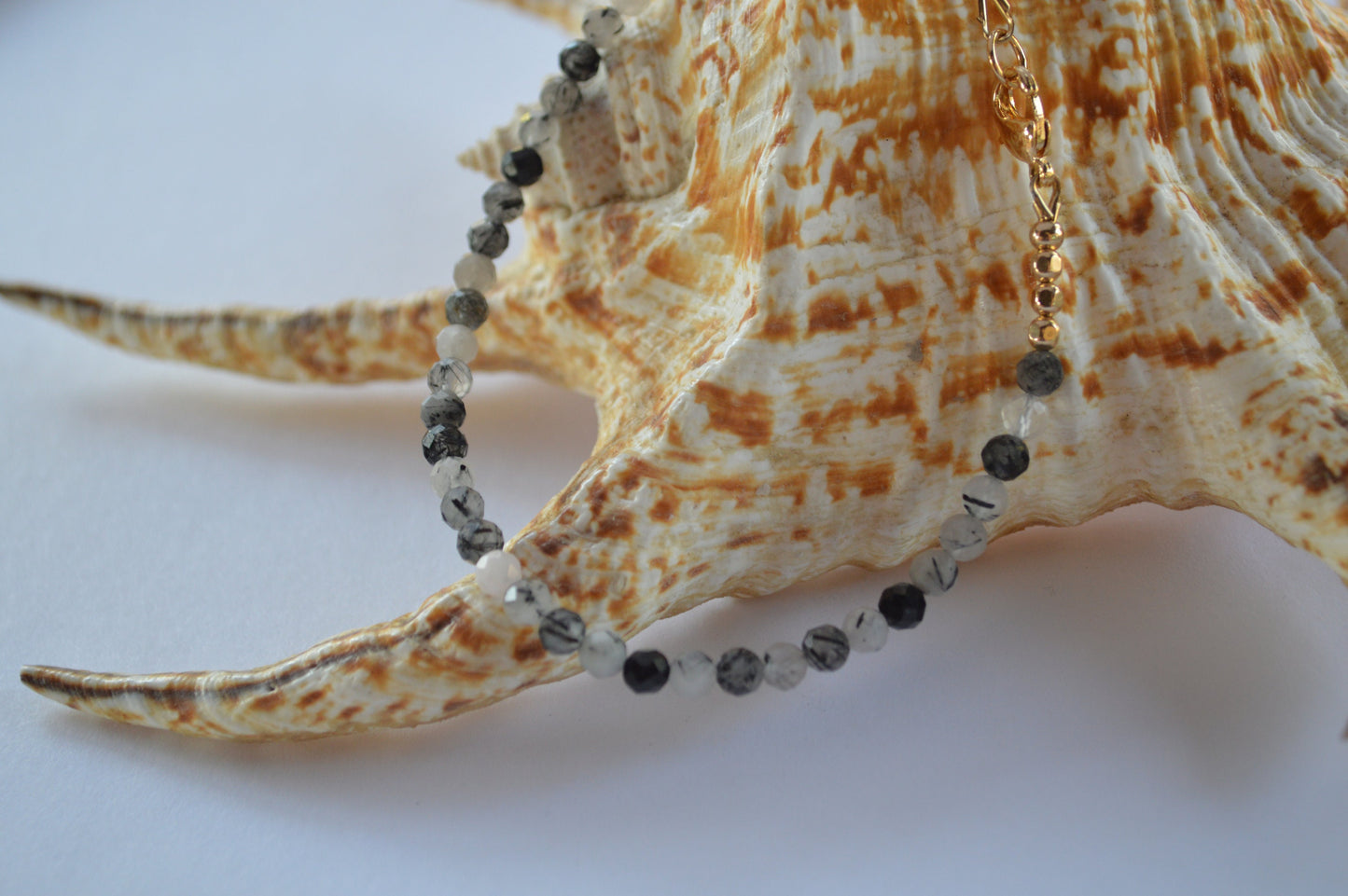 Black Tourmalinated Quartz Beaded Bracelet. 7.5" Length, Gold Filled Lobster Clasp and Faceted Beads