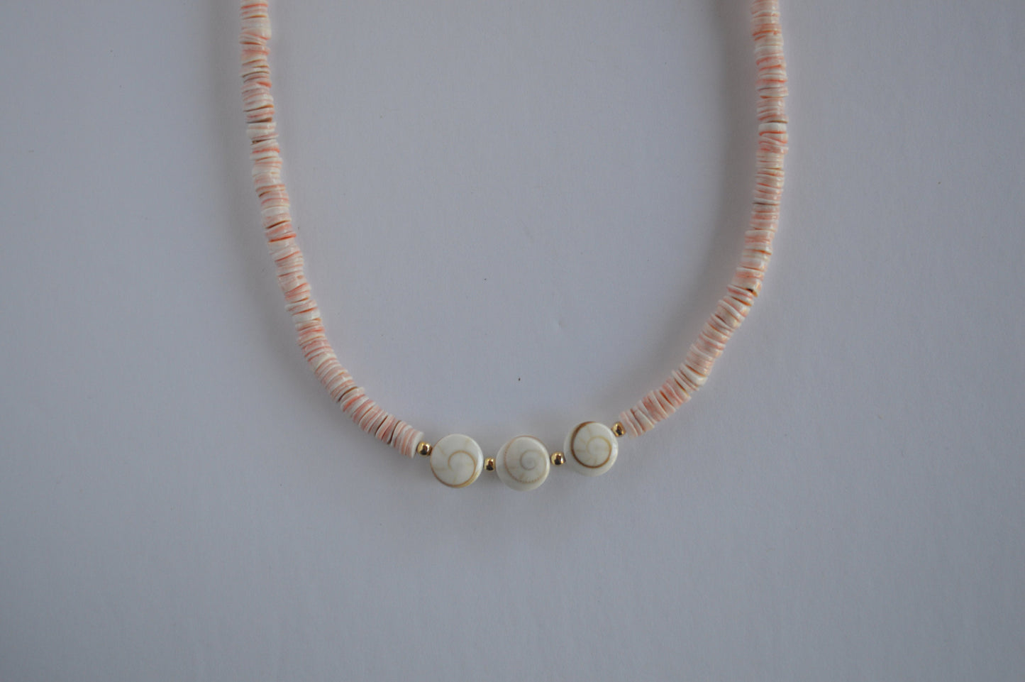 Beautiful Pink Rose Shell Heishi Shell 16" Necklace with 3 Shiva Eye Shells. 18K Gold Filled Clasp and Beads. Ships Next Day!