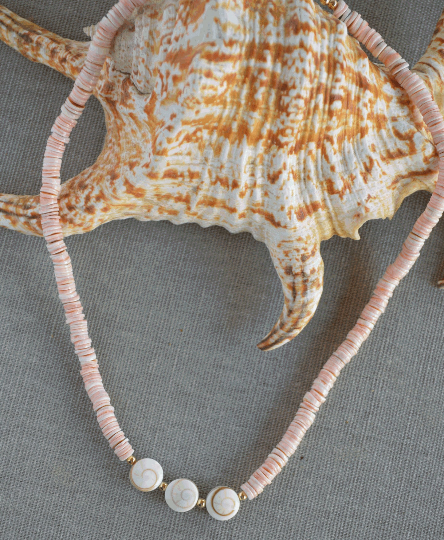 Beautiful Pink Rose Shell Heishi Shell 16" Necklace with 3 Shiva Eye Shells. 18K Gold Filled Clasp and Beads. Ships Next Day!