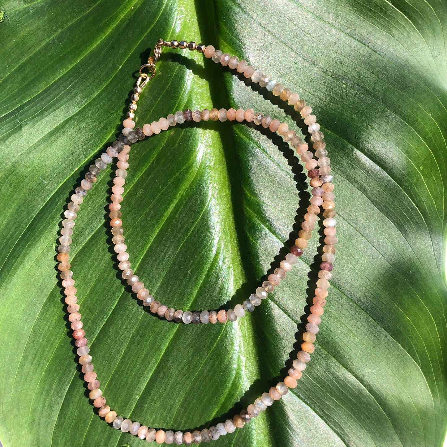 Beautiful Peach and Gray Moonstone Beaded Necklace.  20".  Gold Filled Lobster Clasp and Beads.