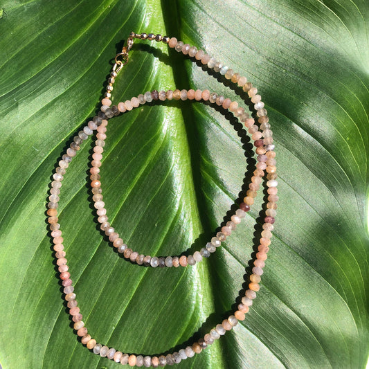 Beautiful Peach and Gray Moonstone Beaded Necklace.  20".  Gold Filled Lobster Clasp and Beads.