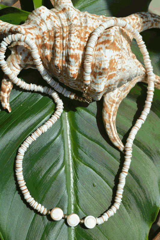 Beachy and Pretty! Conus Heishi Shell Necklace with 3 Shiva Eye Shells.  18K Gold Filled Lobster Clasp and Beads.