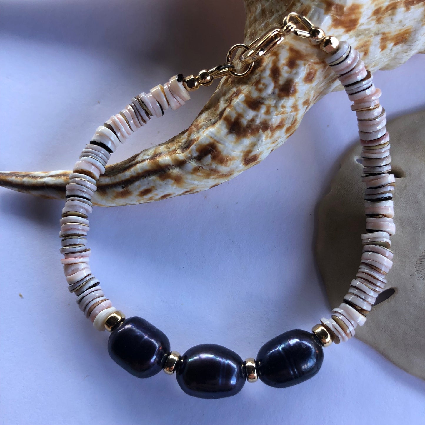 Tiger Cowrie Heishi Shell Bracelet With 3 Black Freshwater Pearls, 18K Gold Filled Lobster Clasp and Beads