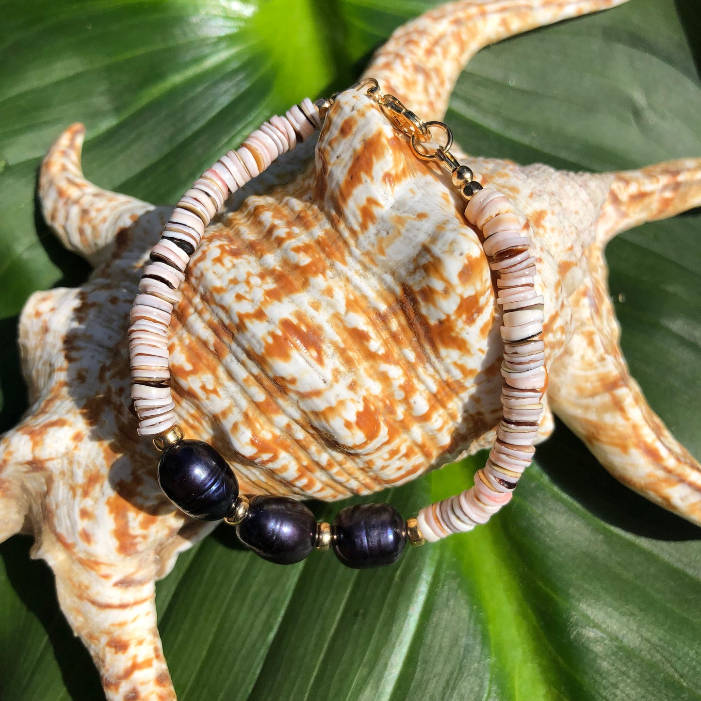 Tiger Cowrie Heishi Shell Bracelet With 3 Black Freshwater Pearls, 18K Gold Filled Lobster Clasp and Beads