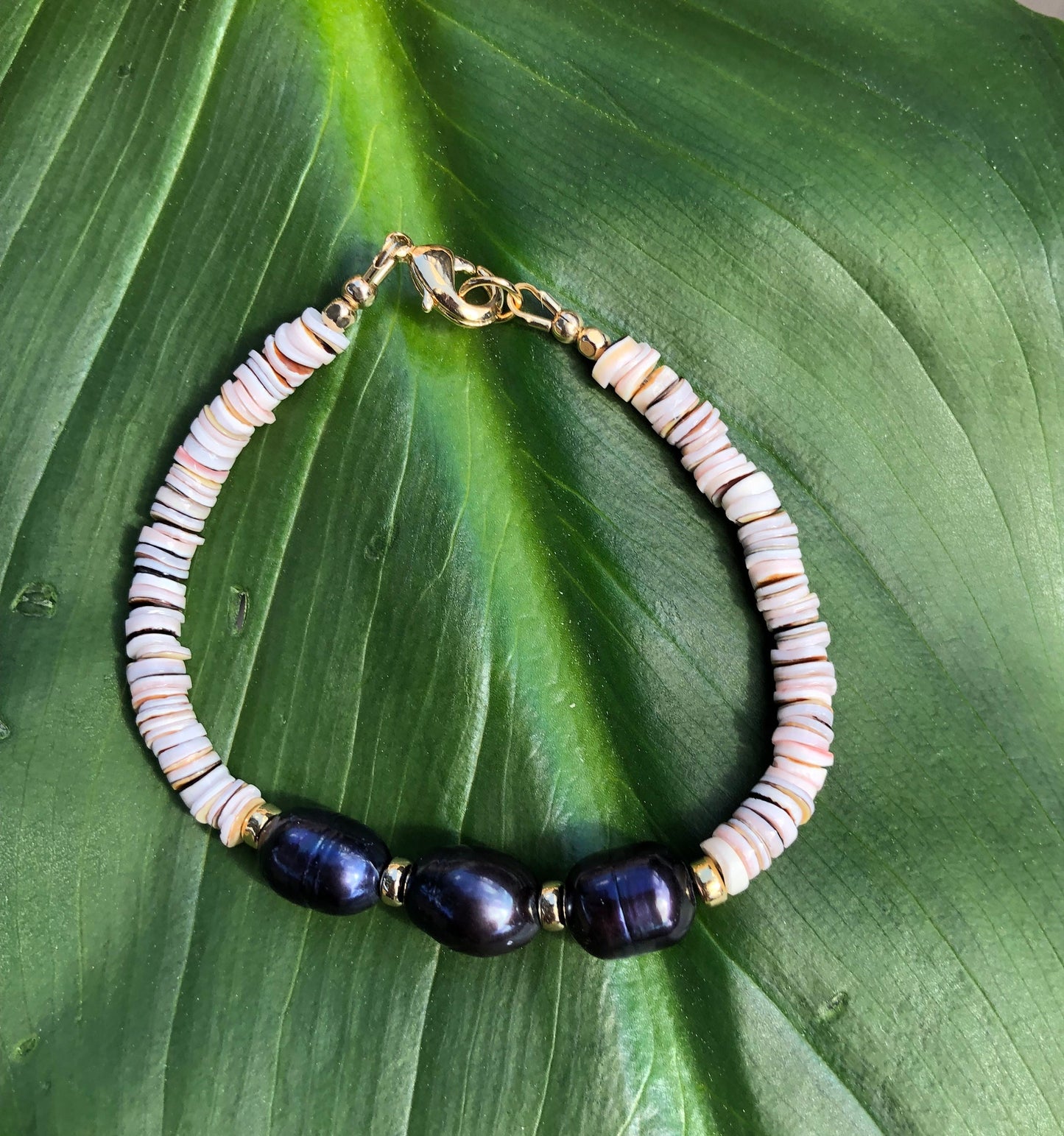 Tiger Cowrie Heishi Shell Bracelet With 3 Black Freshwater Pearls, 18K Gold Filled Lobster Clasp and Beads
