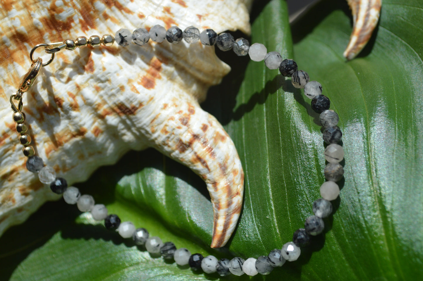 Black Tourmalinated Quartz Beaded Bracelet. 7.5" Length, Gold Filled Lobster Clasp and Faceted Beads