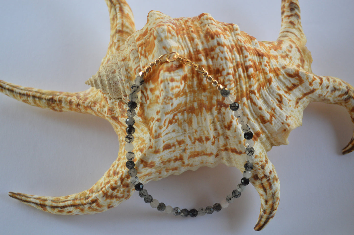 Black Tourmalinated Quartz Beaded Bracelet. 7.5" Length, Gold Filled Lobster Clasp and Faceted Beads