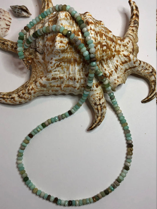 Beautiful Aqua Blue Faceted Peruvian Opal Beaded Necklace. 18K Gold Filled Lobster Clasp and Beads. 24" Ready To Ship