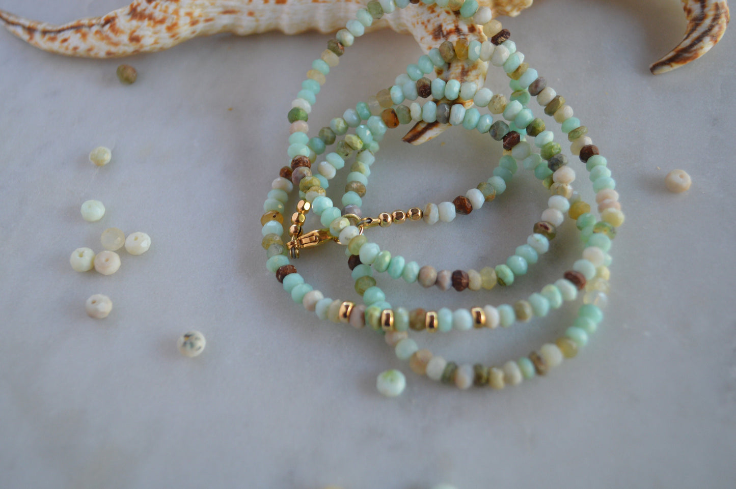 Aqua Blue Peruvian Opal Necklace with Gold Filled Accent Beads. 26".  Colors of The Beach!
