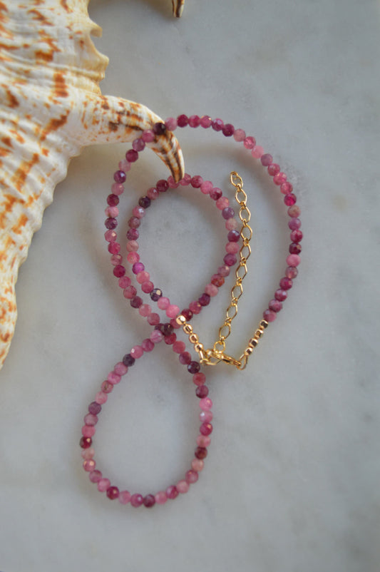 Natural Pink Tourmaline Beaded Necklace with 18K Gold Filled Extender Chain. Beautiful Berry Colors.  4mm Stones. Dainty & Feminine Necklace