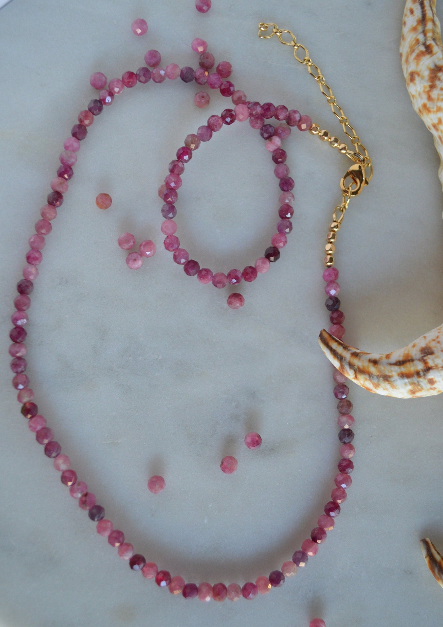 Natural Pink Tourmaline Beaded Necklace with 18K Gold Filled Extender Chain. Beautiful Berry Colors.  4mm Stones. Dainty & Feminine Necklace