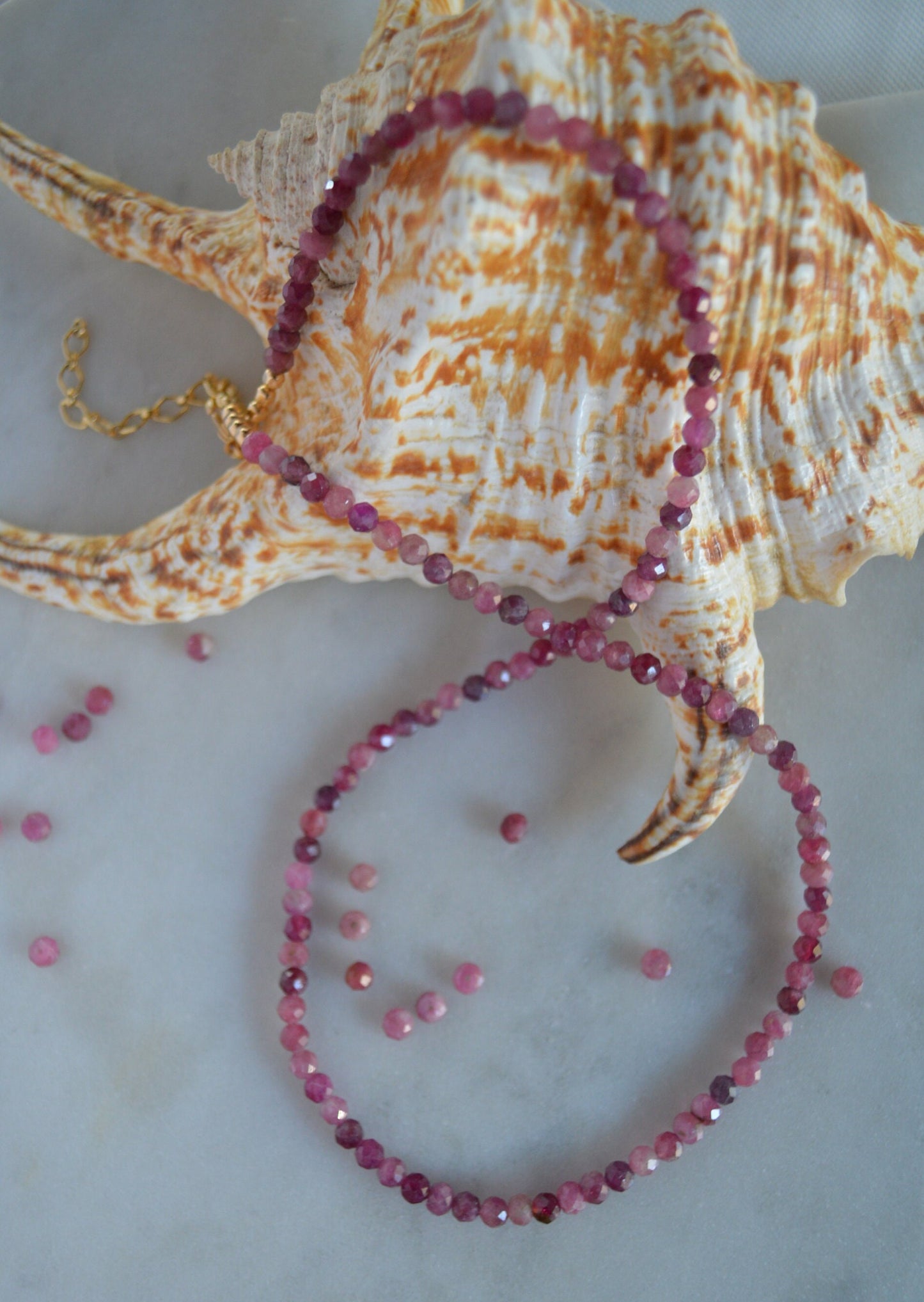 Natural Pink Tourmaline Beaded Necklace with 18K Gold Filled Extender Chain. Beautiful Berry Colors.  4mm Stones. Dainty & Feminine Necklace