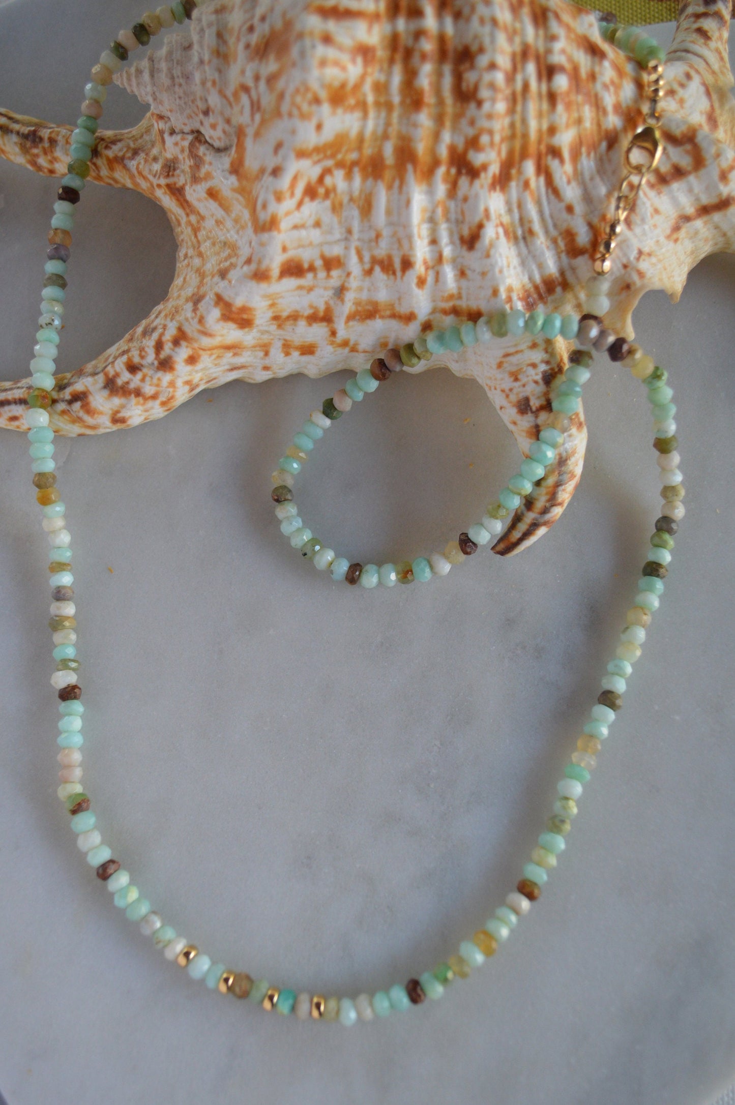 Aqua Blue Peruvian Opal Necklace with Gold Filled Accent Beads. 26".  Colors of The Beach!