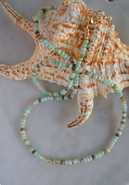 Aqua Blue Peruvian Opal Necklace with Gold Filled Accent Beads. 26".  Colors of The Beach!