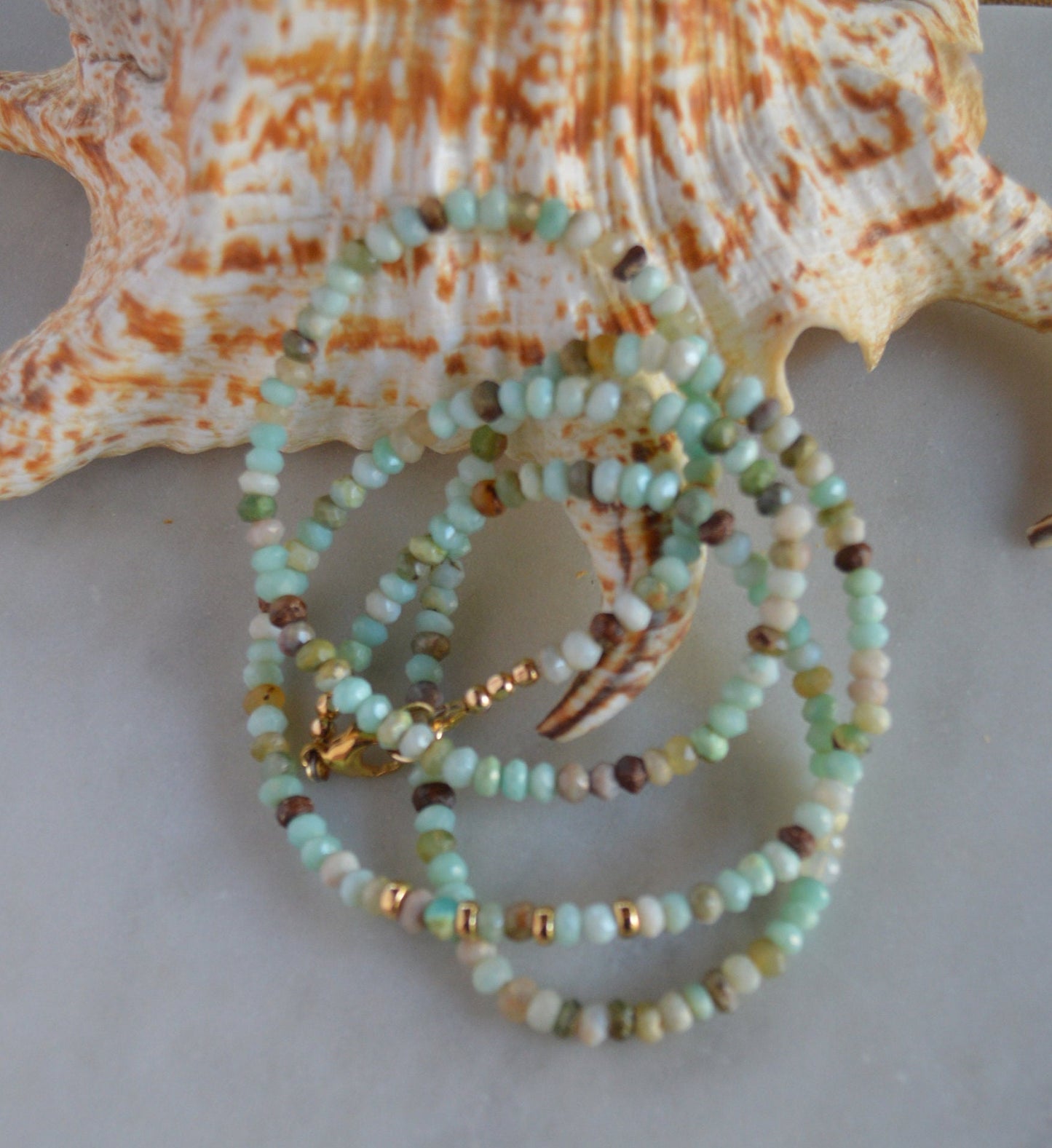 Aqua Blue Peruvian Opal Necklace with Gold Filled Accent Beads. 26".  Colors of The Beach!