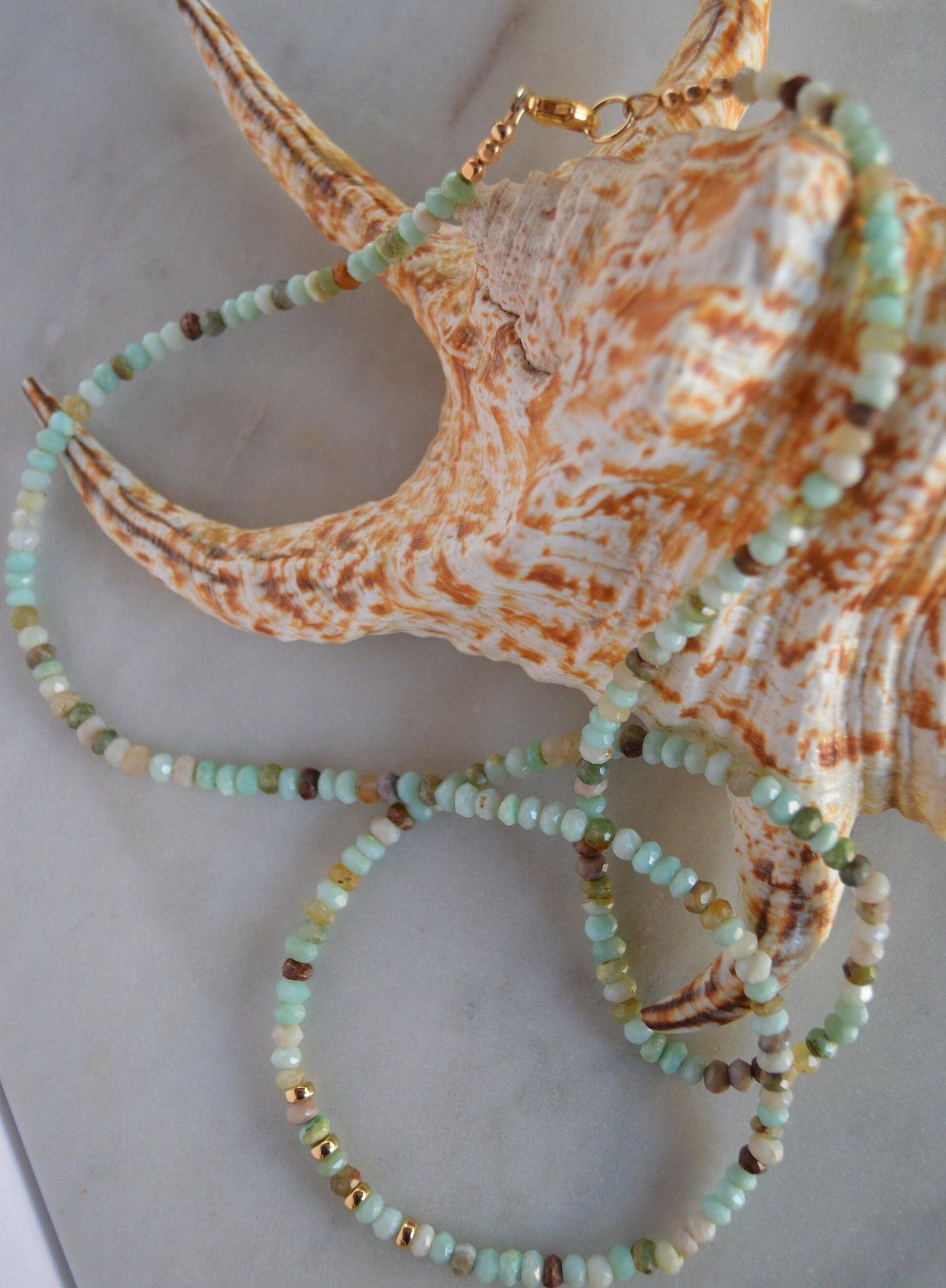 Aqua Blue Peruvian Opal Necklace with Gold Filled Accent Beads. 26".  Colors of The Beach!