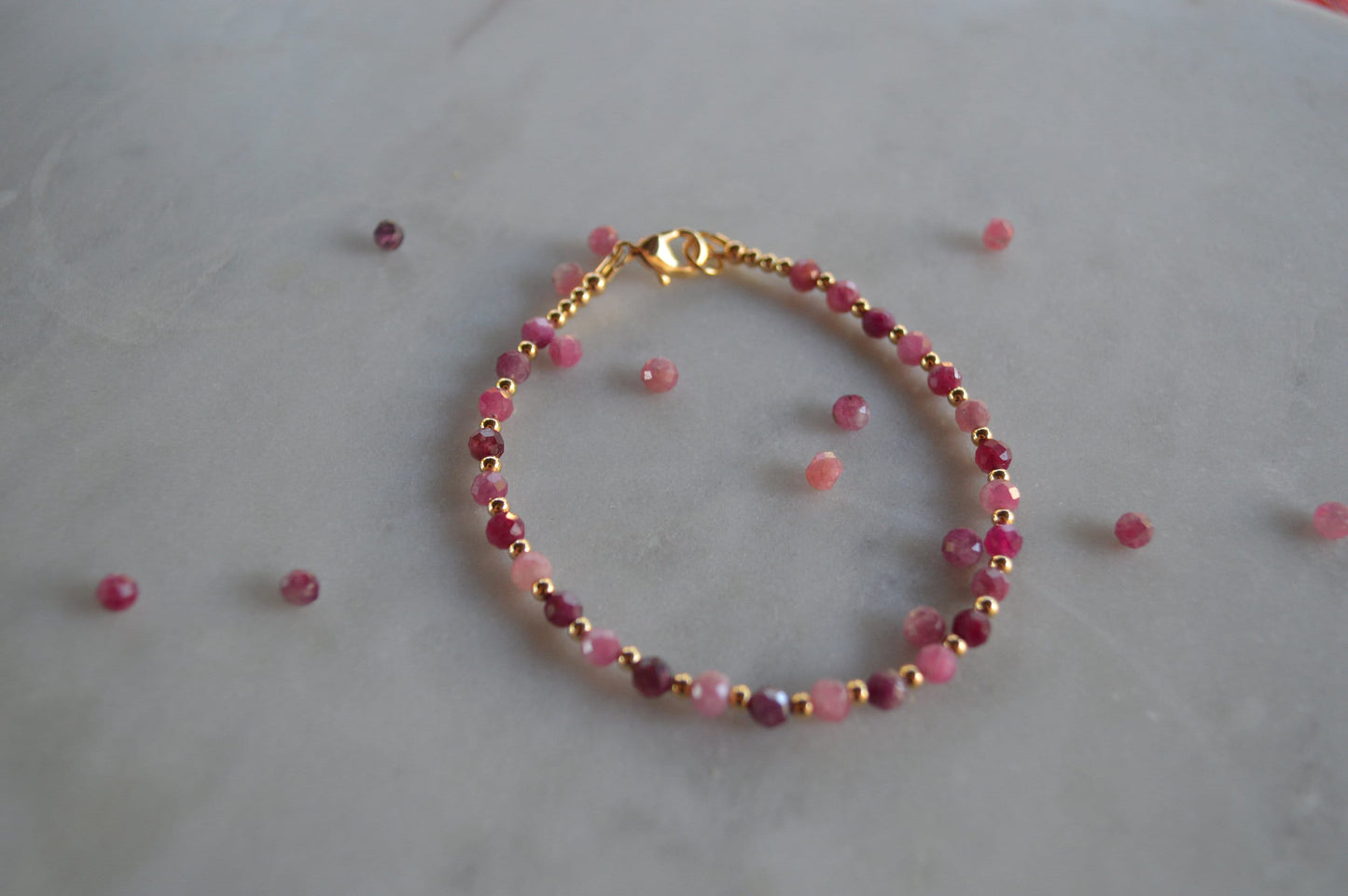 Berry Pink Tourmaline and 18K Gold Filled Bead Bracelet. 7 1/2". 4mm Gemstones. Dainty & Ultra Feminine