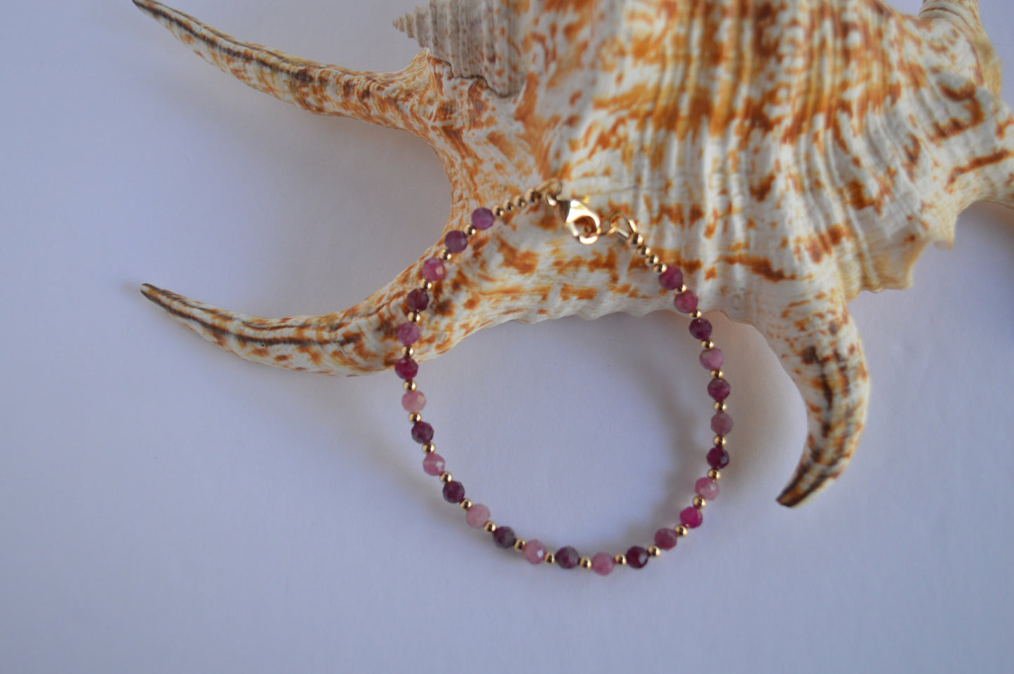 Berry Pink Tourmaline and 18K Gold Filled Bead Bracelet. 7 1/2". 4mm Gemstones. Dainty & Ultra Feminine