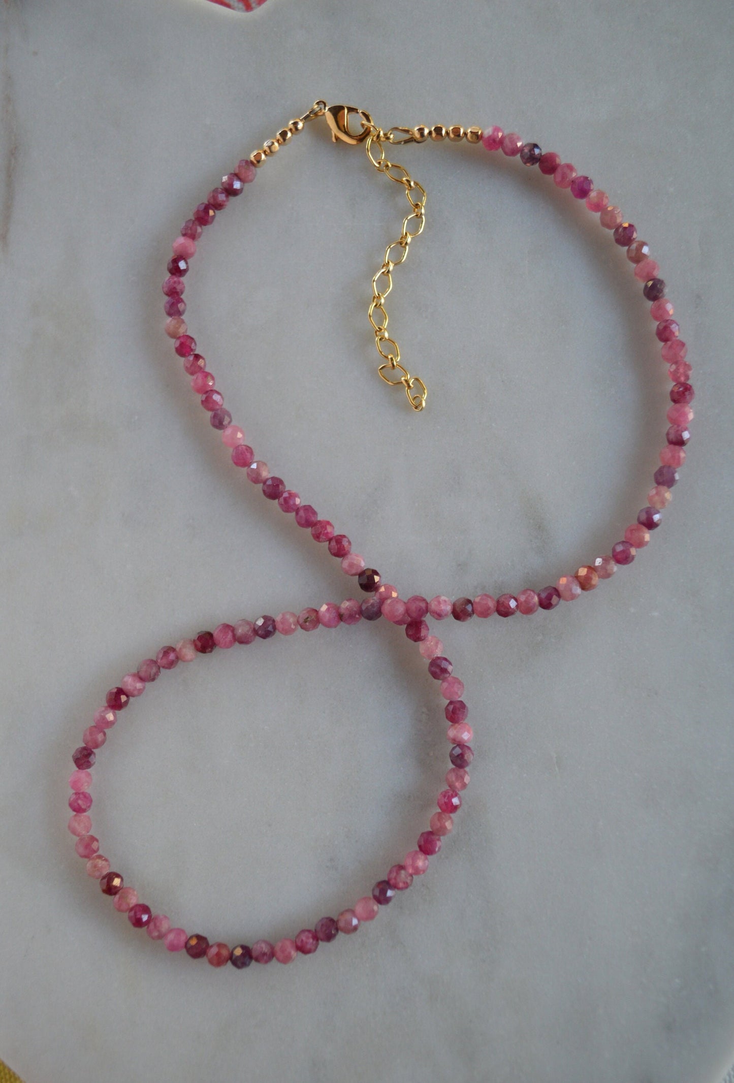 Natural Pink Tourmaline Beaded Necklace with 18K Gold Filled Extender Chain. Beautiful Berry Colors.  4mm Stones. Dainty & Feminine Necklace