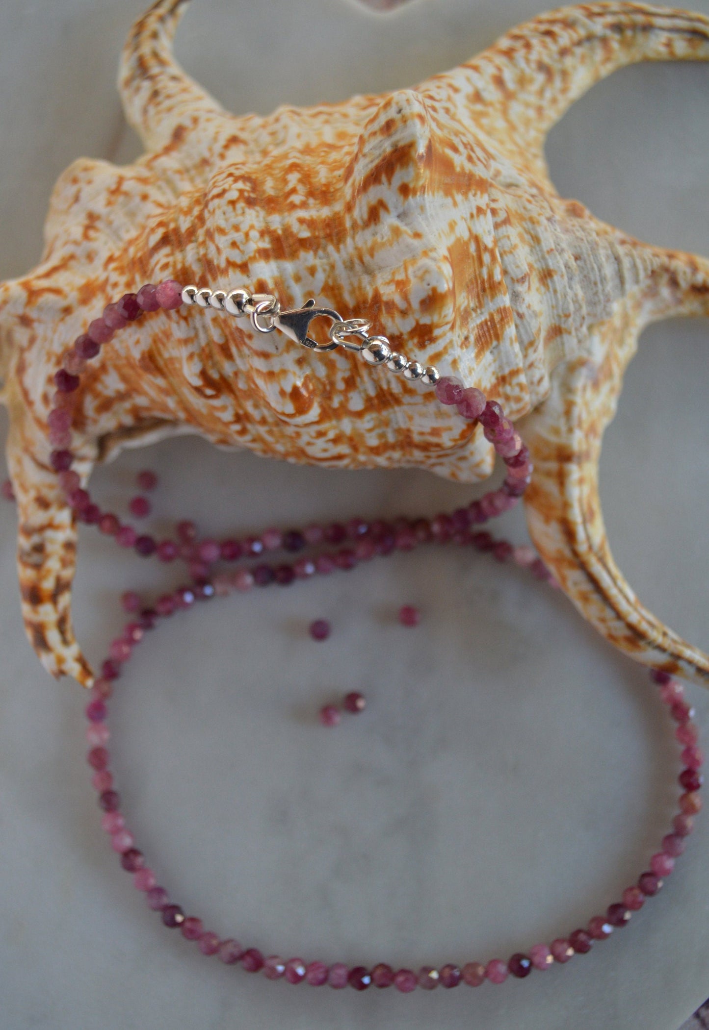 Beautiful Pink Tourmaline Necklace. 20", Sterling Silver Clasp and Beads.  Comes with 3" Sterling Silver Extender Chain