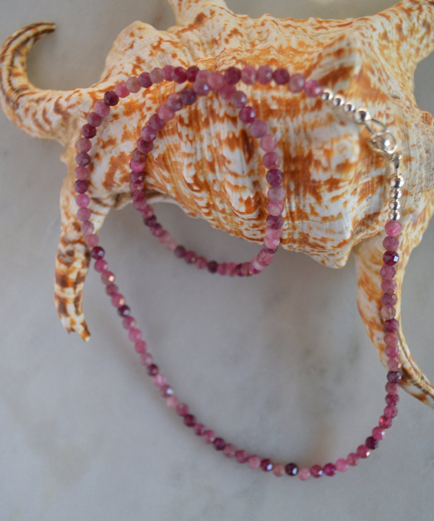 Beautiful Pink Tourmaline Necklace. 20", Sterling Silver Clasp and Beads.  Comes with 3" Sterling Silver Extender Chain
