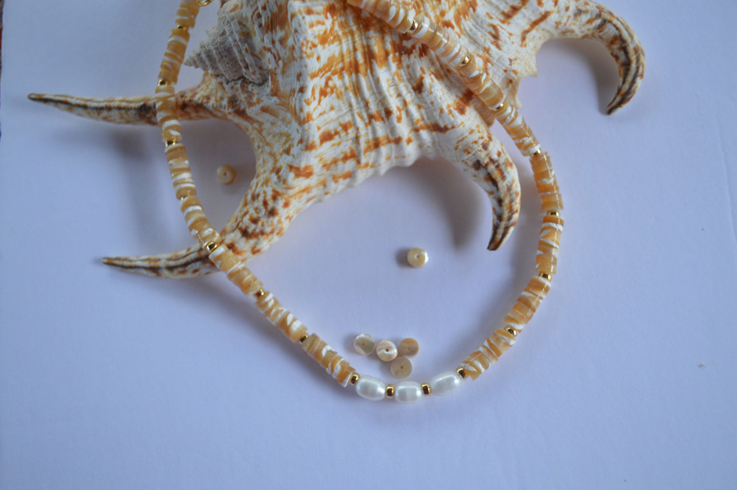 Unique Beige and White Mother of Pearl Heishi Beaded Necklace with 3 Freshwater Pearls and 18K Gold Filled Rondelles